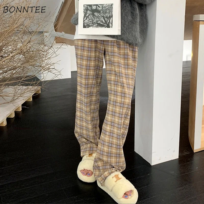 

Leisure Pants Women Plaid Wide-leg Winter Thickening Design All-match Baggy Young Classy Tender Street Wear Trousers Popular