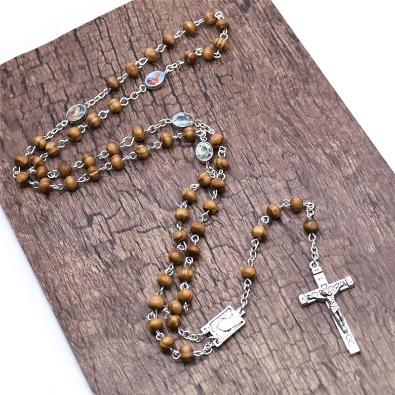

New Handmade 5MM Wooden Beads Alloy Cross Rosary Jewelry As Fashion Catholic Anniversary Party Present For Man And Woman
