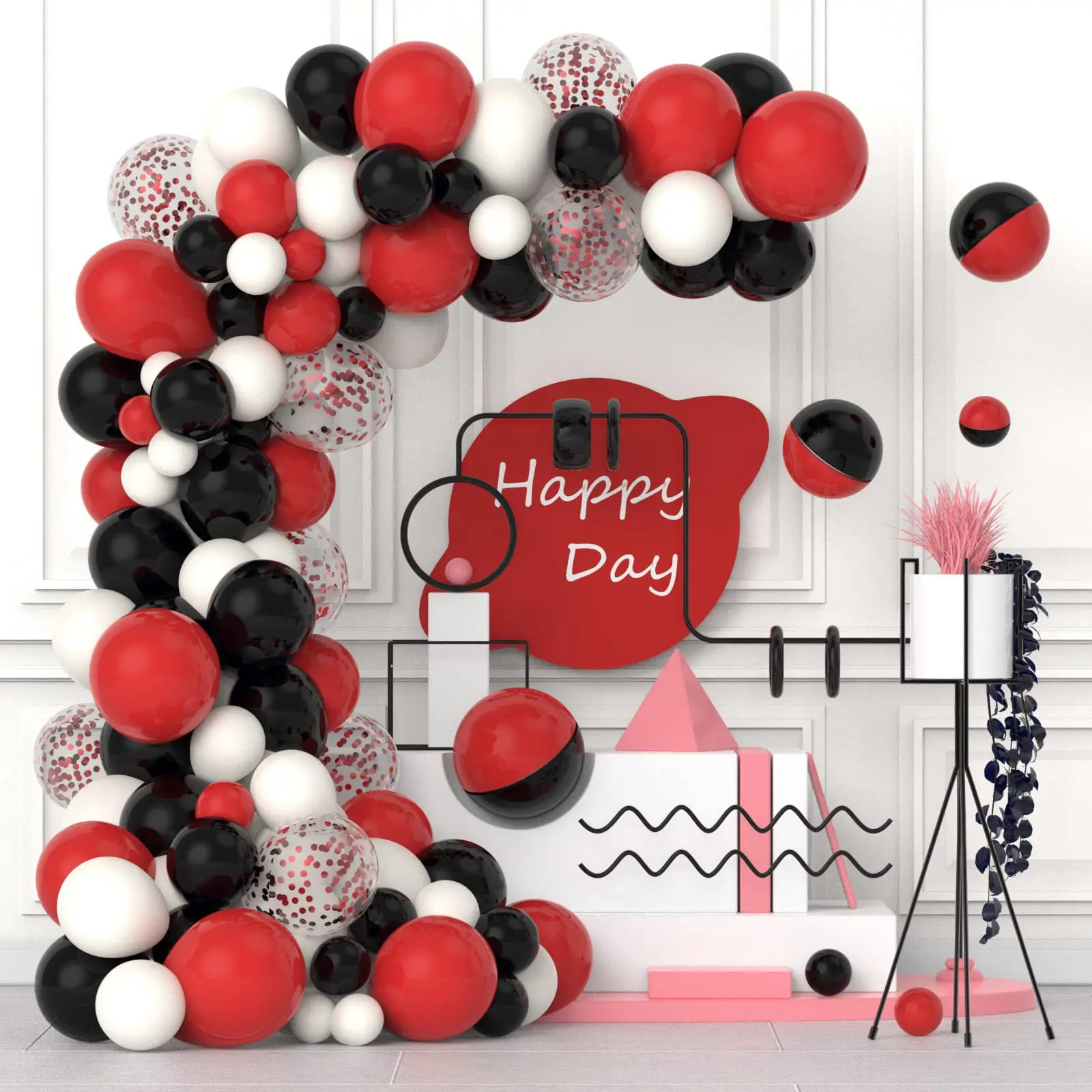 

Red and black garland arched latex balloon set baby birthday party wedding anniversary celebration New Year's Eve event balloon