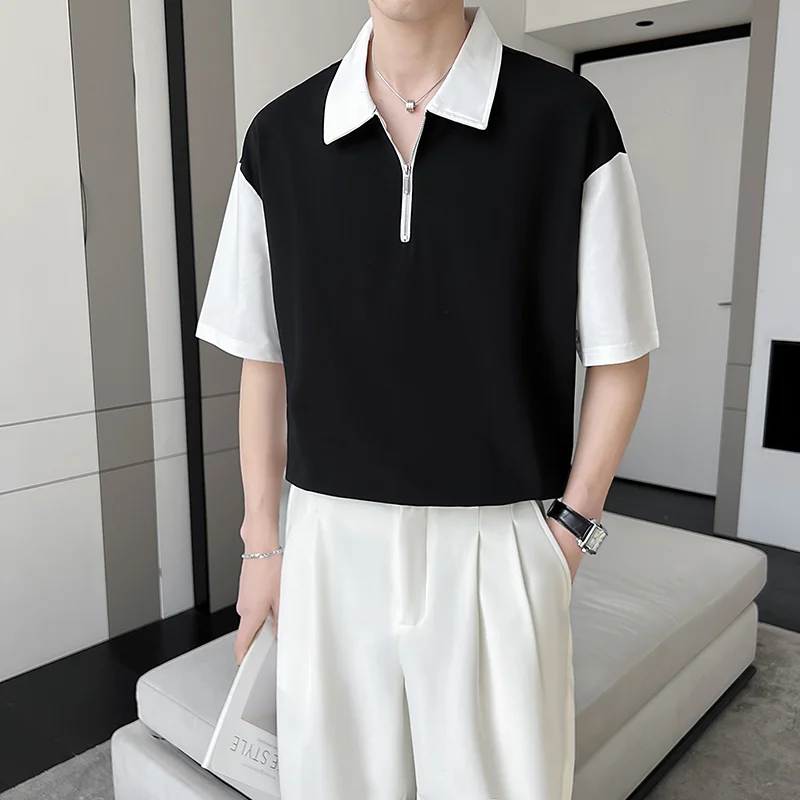 

Summer Short-sleeved T-shirt Men Slim Fit Fashion Casual Lapel T Shirt Korean Grey Black Zip Tshirt Mens Polo Shirt M-3XL