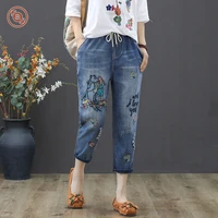 ladies spring new casual frayed embroidered cartoon lace up loose jeans elastic waist thin ninth pants