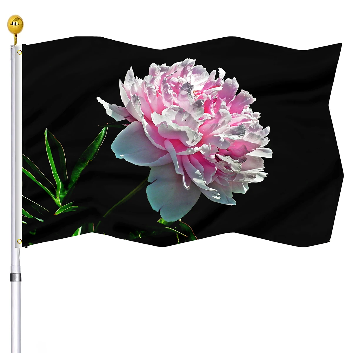 

Pink Peony Flower Flag Black Background Double Stitched Spring Floral Flag Banner with Brass Grommets House Indoor Outdoor Decor