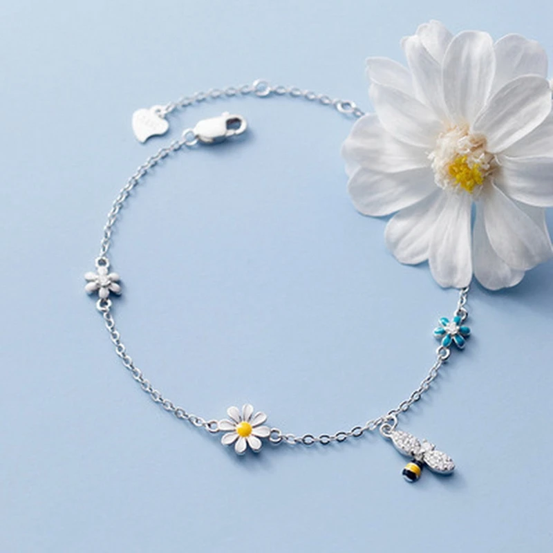 

Korean Style Silver Mori Fresh Sweet Colorful Flower Bracelet Diamond Bee Cute Bracelet