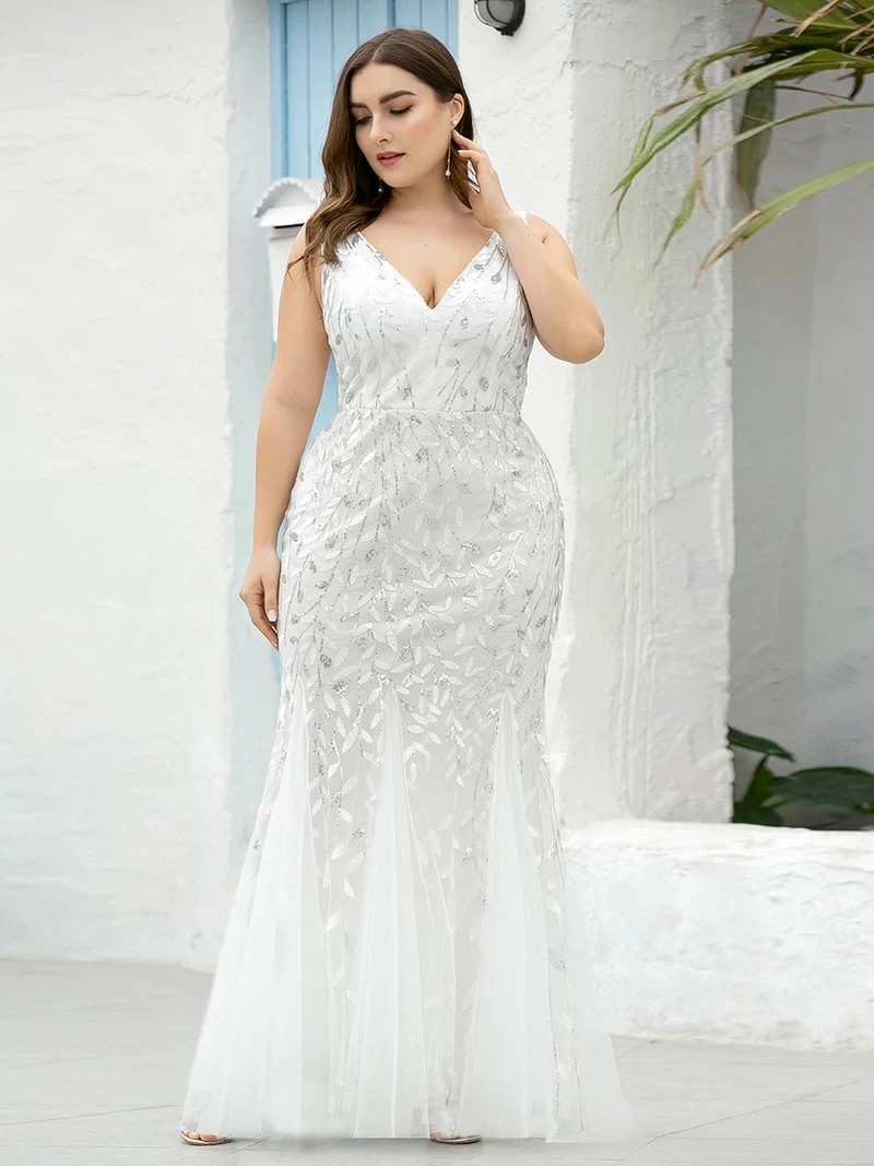 

Plus Size Evening Dresses Mermaid Sleeveless V-Neck Sequin 2022 Ever Pretty White Elegant Prom Dress for Women EP07886