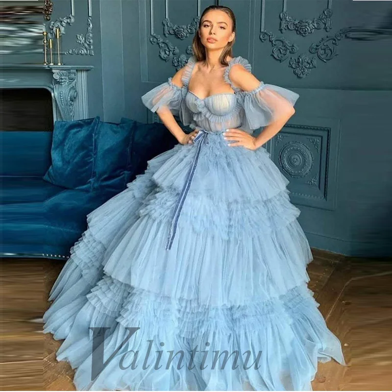 

Blue Tiered Evening Dress Princess Floor Length Homecoming Party Cocktail Sweetheart Off The Shoulder Dropping Shipping Vestidos