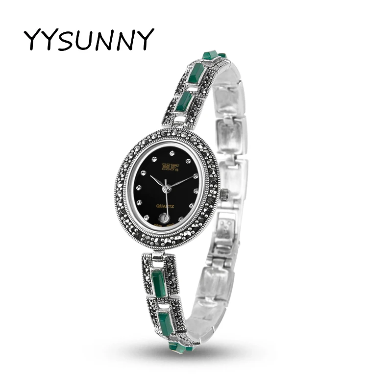 YYSUNNY Women's Fashion Oval Watch Vintage S925 Sterling Silver Bracelet Inlaid with Green Onyx Elegant Jewelry Birthday Gift