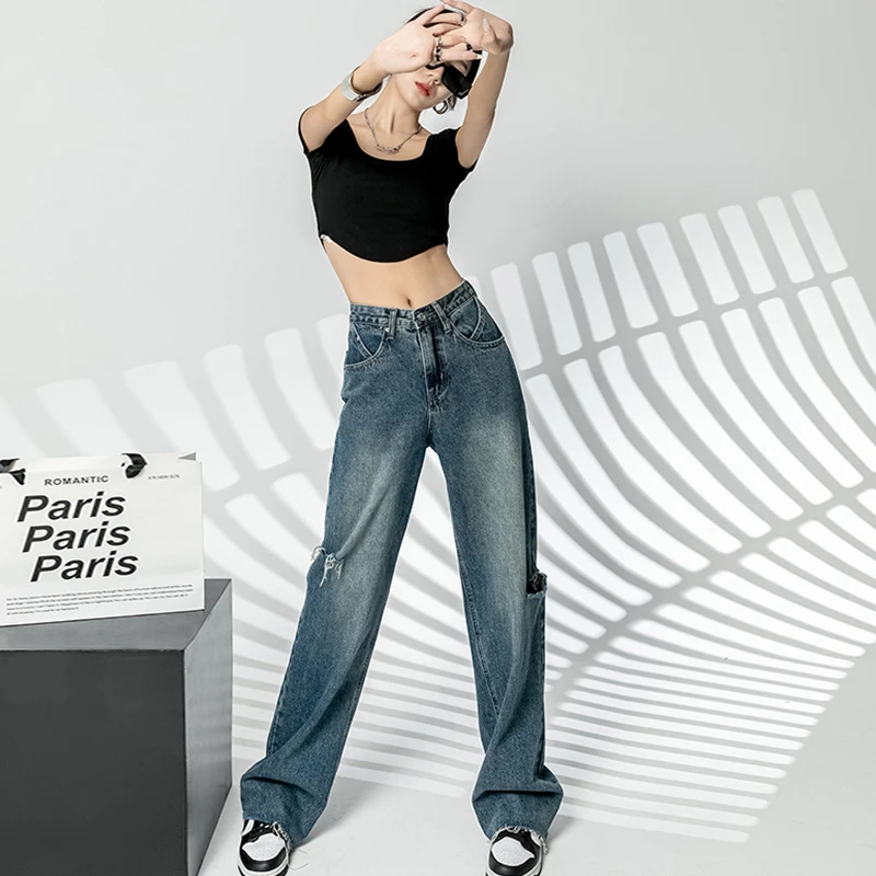 

Женские брюки винтажные Синие рваные джинсы модные мешковатые широкие брюки с высокой талией повседневные укороченные джинсовые брюки для женщин на лето