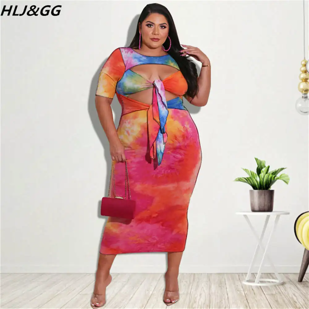 

HLJ&GG Sexy Hoolow Out Tie Dye Print Dresses Plus Size Women Clothes XL-5XL Casual Bodycon Bandage Mid Party Club Dress Vestidos