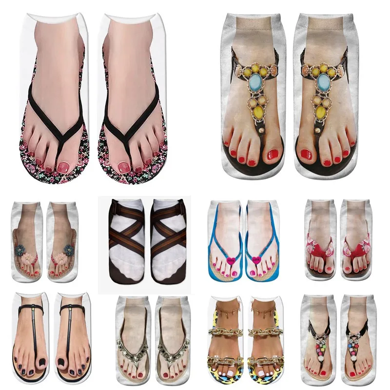 Fashion Canvas Flip Flop Shoes Cotton Socks 3D Printed Skeleton Summer Funny Kawaii Skull Foot Low Cut Ankle Socks For Women Sox