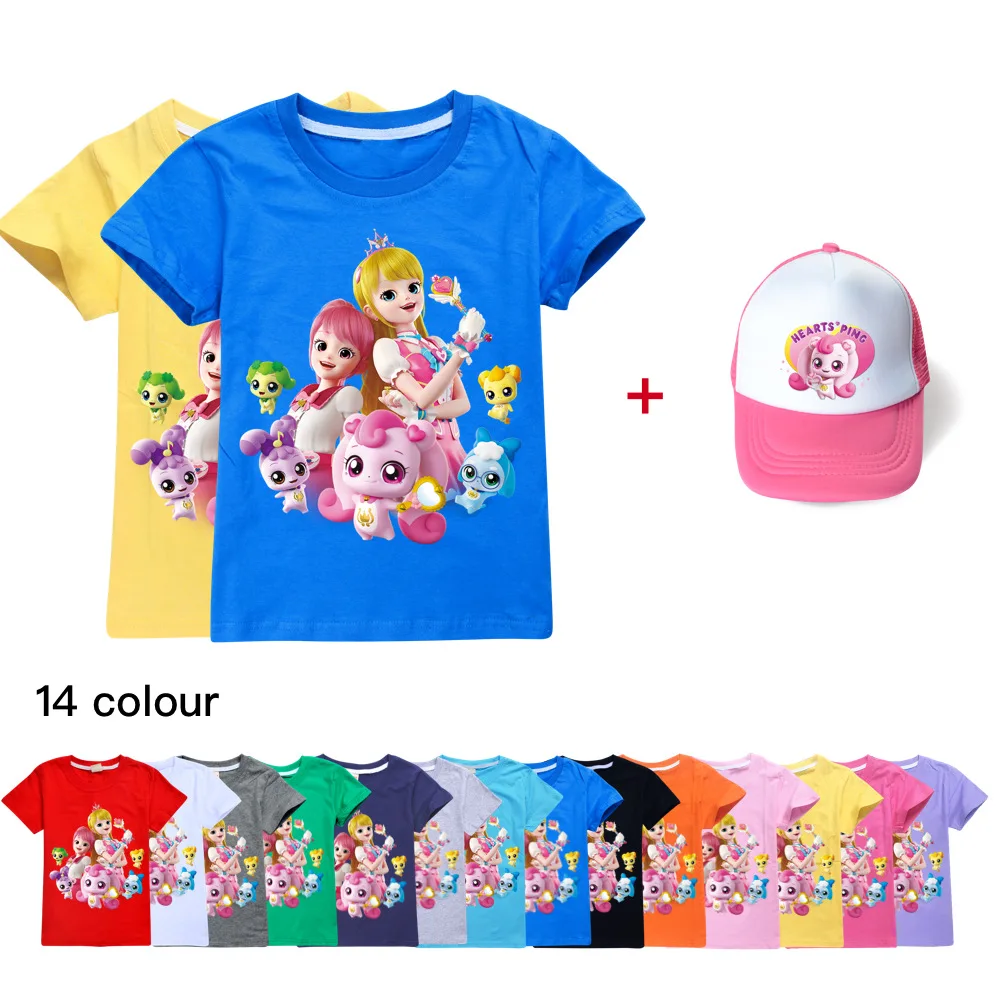 

Boys Heart's ping Shirt Child Short Sleeve T-shirt + Hat for Kids Summer Clothes Shirts for Teenage Girls Tees 2-16Year Tops