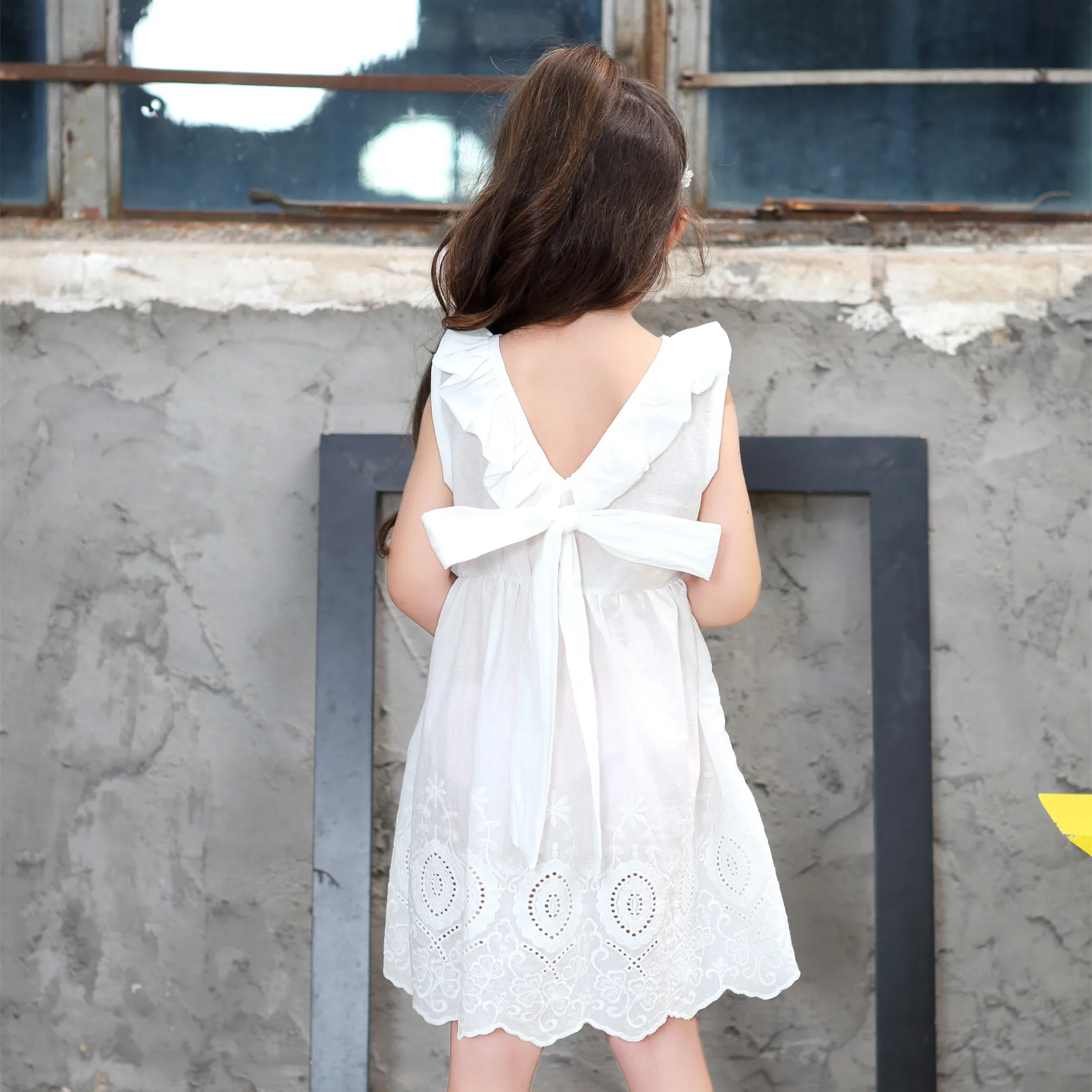 girls V back dress pure cotton hollow lace bow tie white princess | Детская одежда и обувь