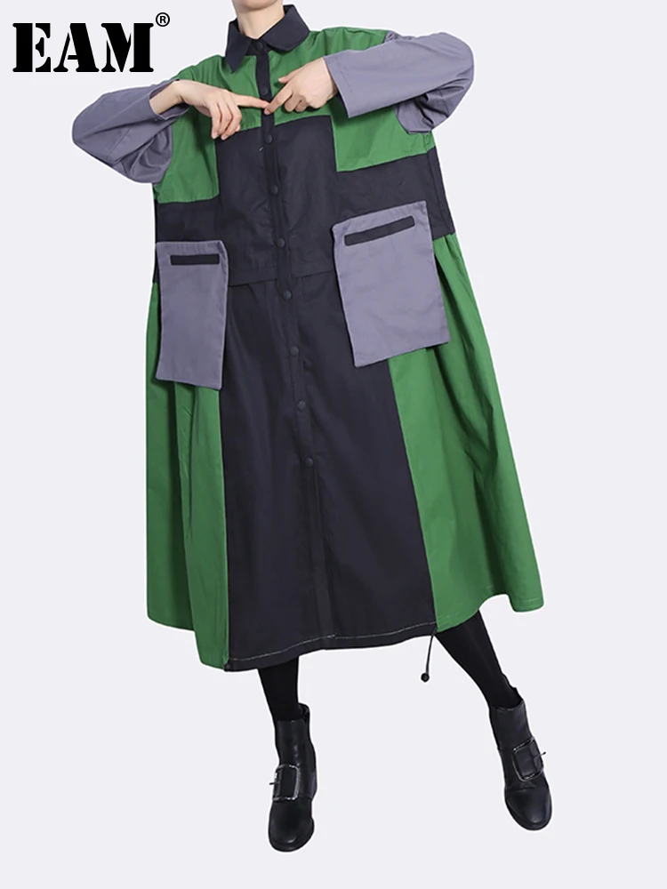 

[EAM] Women Green Color-block Big Size Long Shrit Dress New Lapel Long Sleeve Loose Fit Fashion Tide Spring Autumn 2022 1DF2348