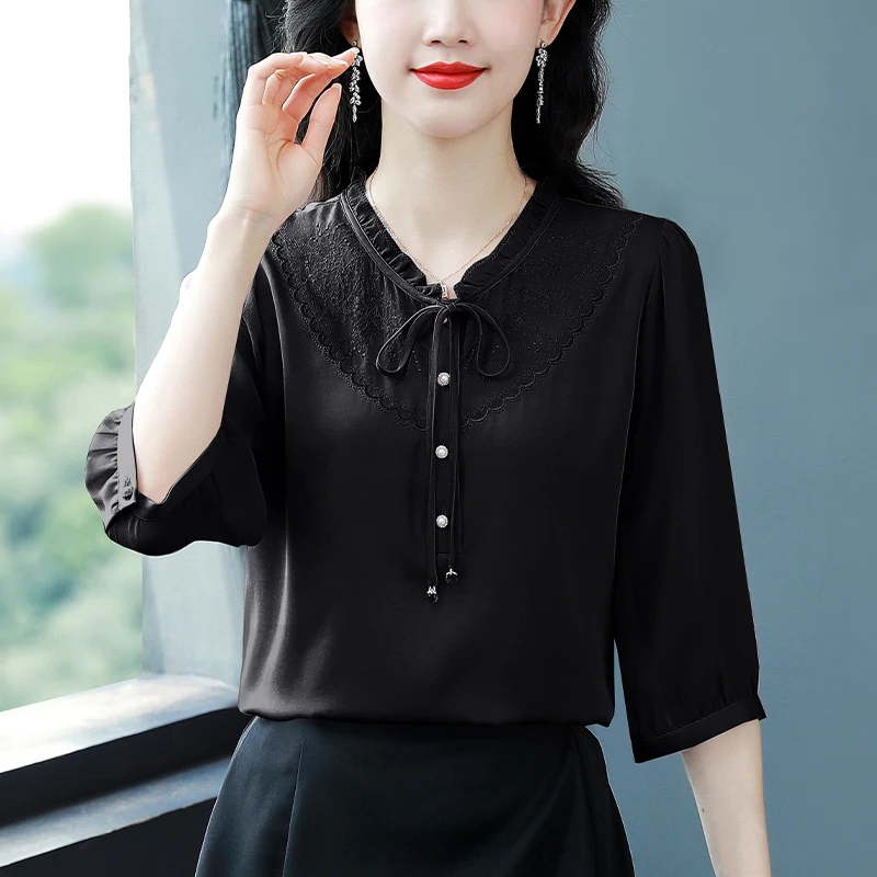 Шелковый топ женская рубашка с рукавом три четверти новые летние шелковые