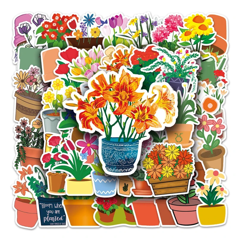 

50pcs Potted flower planting Stickers decal scrapbooking diy pasters home decoration phone laptop waterproof cartoon