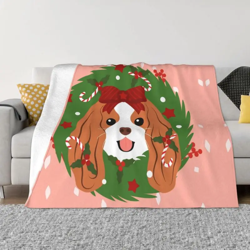 

Cavalier King Charles Spaniel Christmas Wreath Blankets Comfortable Soft Flannel Autumn Dog Throw Blanket for Couch Car Bedroom