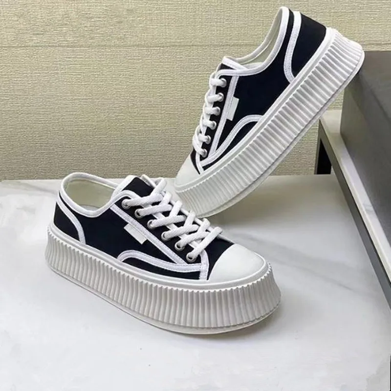 

Spring Thick-Soled Canvas Shoes Women's White Lace-Up Casual Shoes Blue Height-Enhancing Loafers Ladies Flats Platform Sneakers