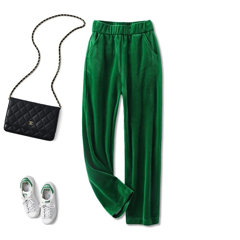 

SHUCHAN Velvet Elastic Waist Mujer Pantalones Women Pants Solid Streetwear Flat Fashion Women Bottoms Pants