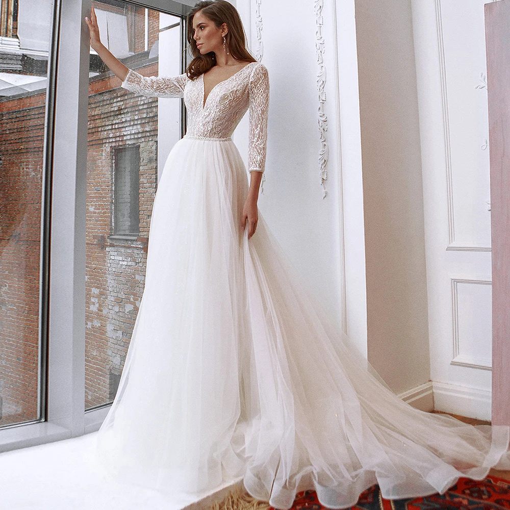 

V Neck Wedding Dress A Line Three Quarter Sleeves Illusion Wedding Gowns Beading Belt Backless Buttons Modern Bridal Dresses