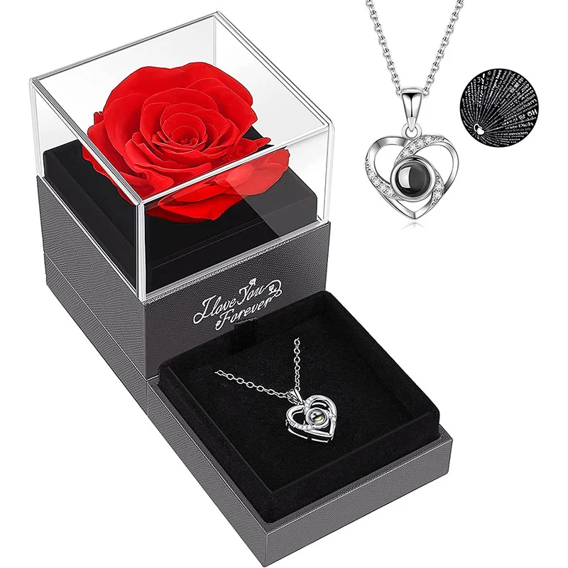 

Preserved Real Rose with I Love You Necklace 100 Languages Enchanted Rose Flower Gifts Jewelry Box for Mom Women Christmas Gifts