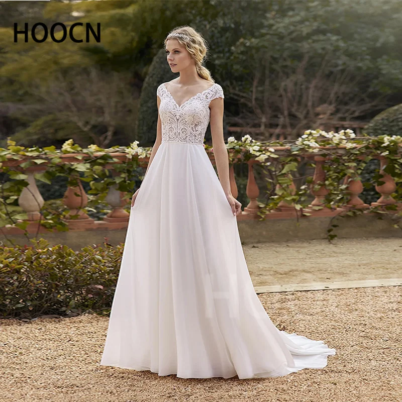 

HERBURNL Pastoral Wedding Dress V-neck Chiffon Lace Appliqués New Simple Open-back Trailing Bridal Dress Vestido de casamento