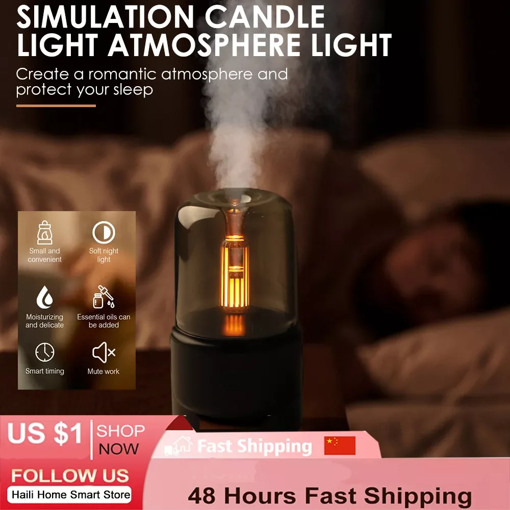 Candlelight Aroma Diffuser Air Humidifier 120ml  USB Fragrance Essential Oil Cool Mist Maker Fogger with LED Night Light