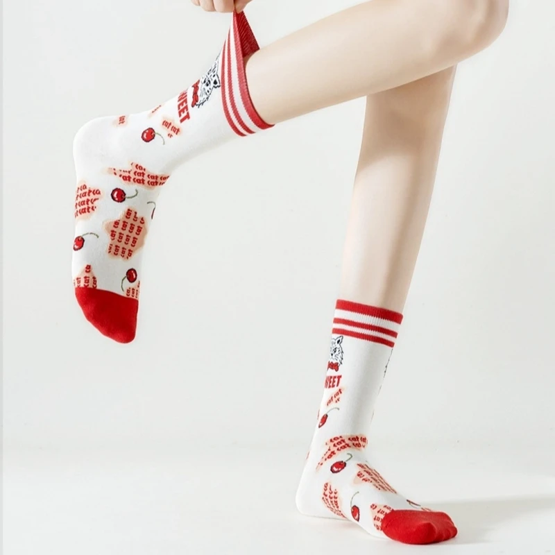 5Pairs/Set Retro Cotton Socks for Women Street Fashion Cartoon Painting Printed Crew Socks Unisex Middle Tube Men Sport Sox