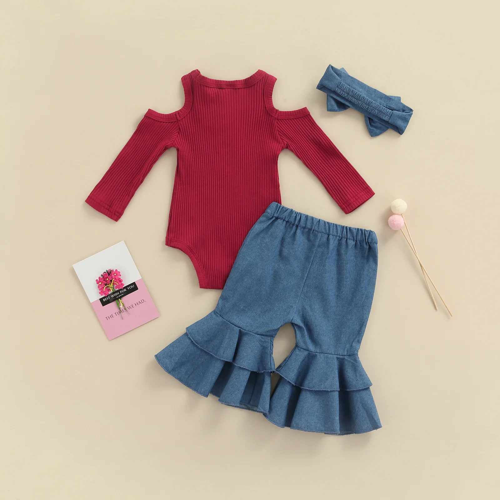 

Детский трикотажный комбинезон в рубчик на возраст 0-18 месяцев, комбинезон без бретелек с длинным рукавом + расклешенные брюки с высокой тал...