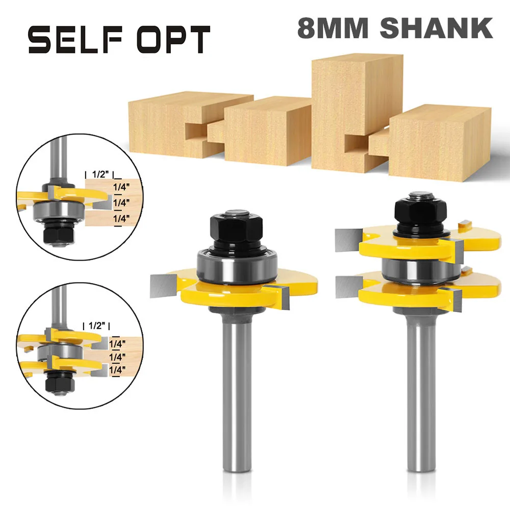 2pcs 8mm Shank High Quality Joint Assemble Router Bits Tongue & Groove T-Slot Milling Cutter for Wood Woodworking Cutting Tools
