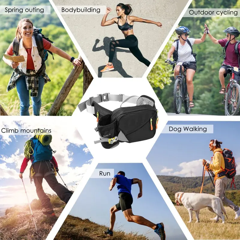 Fanny Pack,Waterproof Waist Bag with Water Bottle Holder&Adjustable Strap for Dog Walking Travel Sport Hiking(Black)