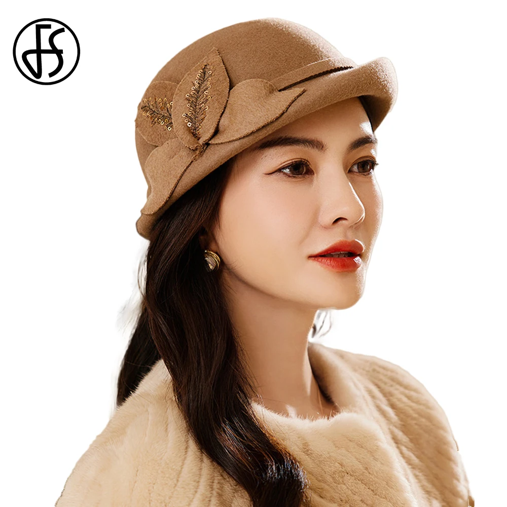 

FS Vintage Millinery Beret Hats For Women Wedding Ceremony Elegant Church Cap Ladies Autumn Winter Floppy Wool Felt Fedoras