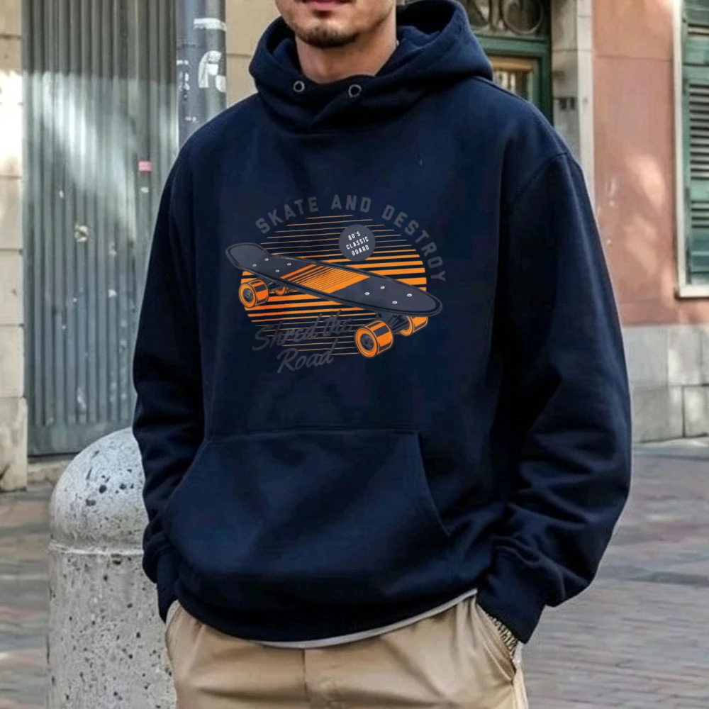Фото Мужская толстовка с капюшоном Skate and Destroy с винтажным принтом Sunset Stripe Longboard Skateboard, ретро-стиль, уличный хип-хоп №1