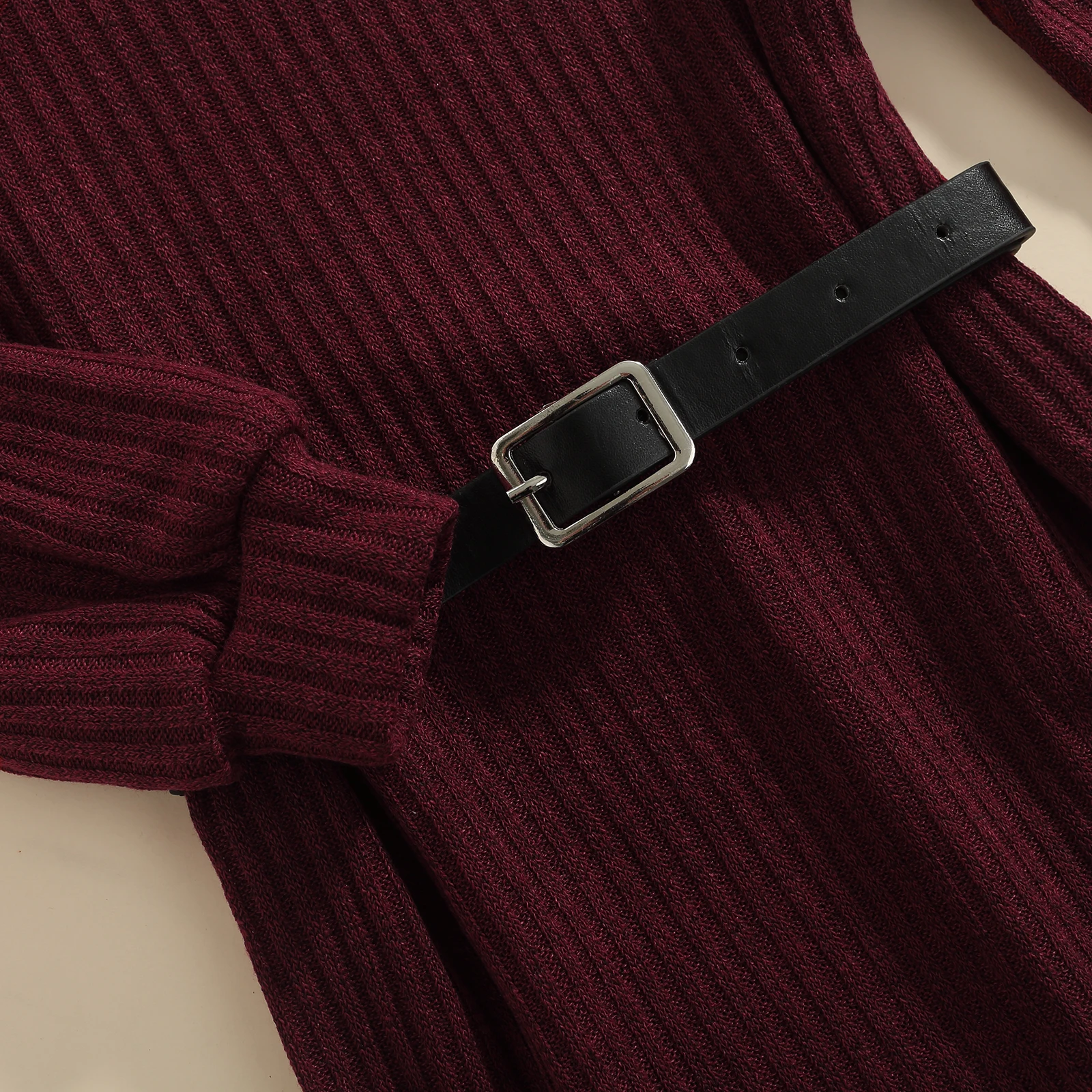 

Kids Casual Dress Solid Color Knitted High-Neck Long Sleeves Loose Skirt with Waist Belt for Little Girls 2-7 Years