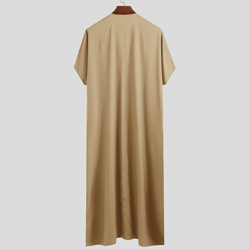 Men Muslim Kaftan Half Sleeve Robe Jubba Thobe Saudi Arab Robe Vintage Abaya Costume Casual Button Islamic Clothing Dress Eid