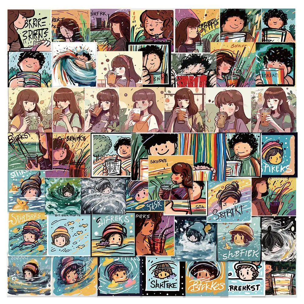 

50PCS Milk tea cup with Simple Strokes Stickers Scrapbooking Luggage Laptop Cartoon Decal for Kids Skateboard Wall Car Notebook