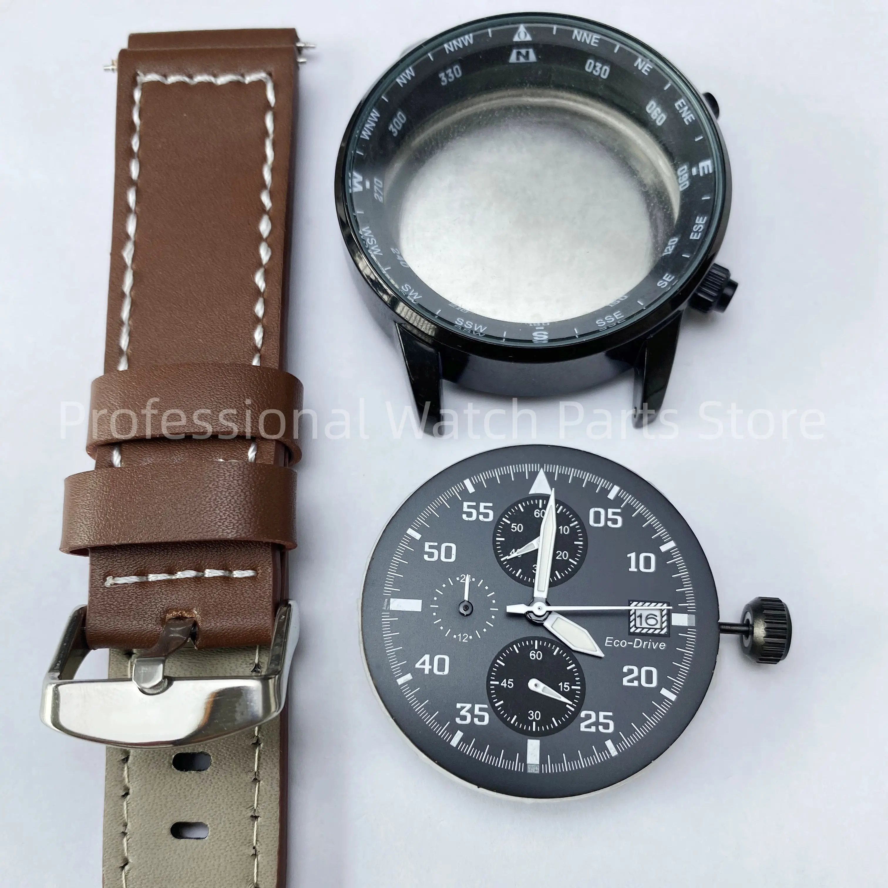 44mm Watch Accessories Set Case+Dial+Hands+Crown+Stainless Steel Strap with Complimentary Quartz Movement Set Calendar Window