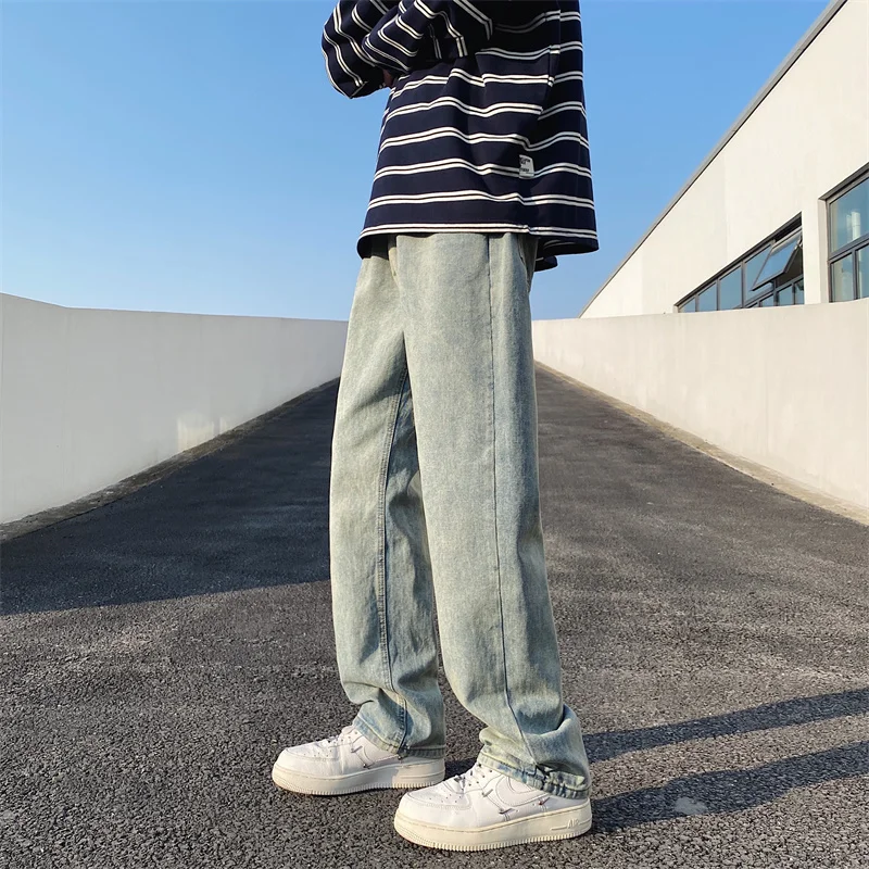 Summer Blue Jeans Men Slim Fit Fashion Casual Straight Jeans Men Streetwear Hip Hop Wide Leg Denim Pants Mens Trousers M-2XL