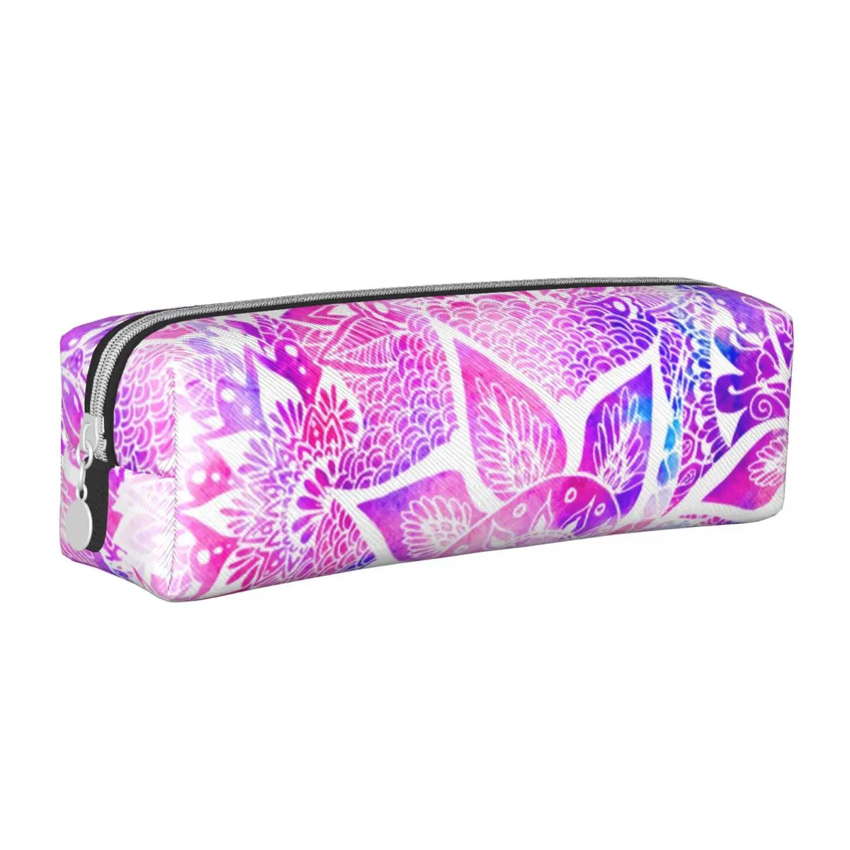 

Boho Floral Mandala Square Pencil Case Purple Blue Henna College Cute Leather Pencil Box For Teens Zipper Pen Bag