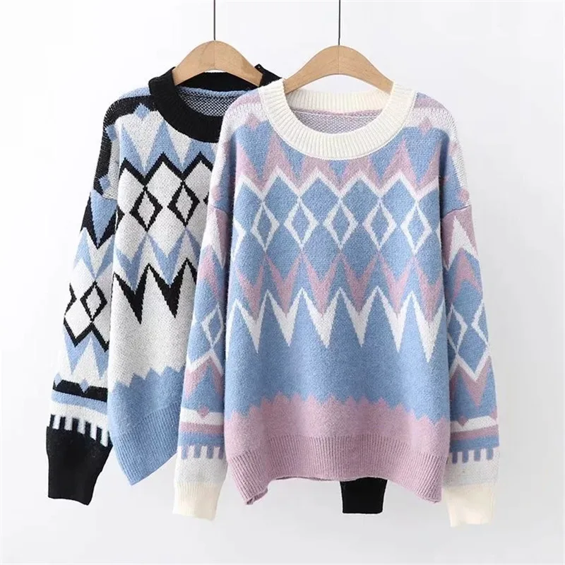 

Casual Pullover New Geometric Women O-neck Knitted Long Warm 2019 Winter Sweater Autumn Patterns Loose Sleeve Fashion Tops Women