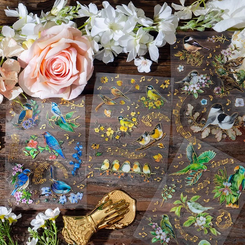 

2 Sheets Birds Flowers Sticker Set Waterproof Decorative Adhesive Sticker for Scrapbooking Water Bottle