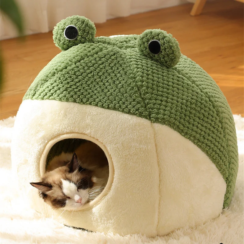 

2023 Winter Warm Bed Frog Series Pet Nest Plush Round Cat Home Dog House Comfort Puppy Sleeping Bed Kitty Soft Cushion
