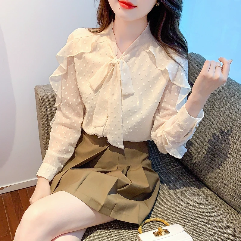 

Шифоновые женские блузки 2022, зимняя женская рубашка с оборками, Свободный Повседневный Топ с длинным рукавом и бантом, новая модная однотон...