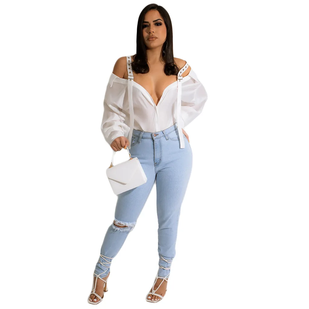 Women Chiffon Blouses 2022 Summer Simple Fashion Style Solid Sexy Sling Long Sleeve Deep V neck Hollow Out Slim Shirt Streetwear