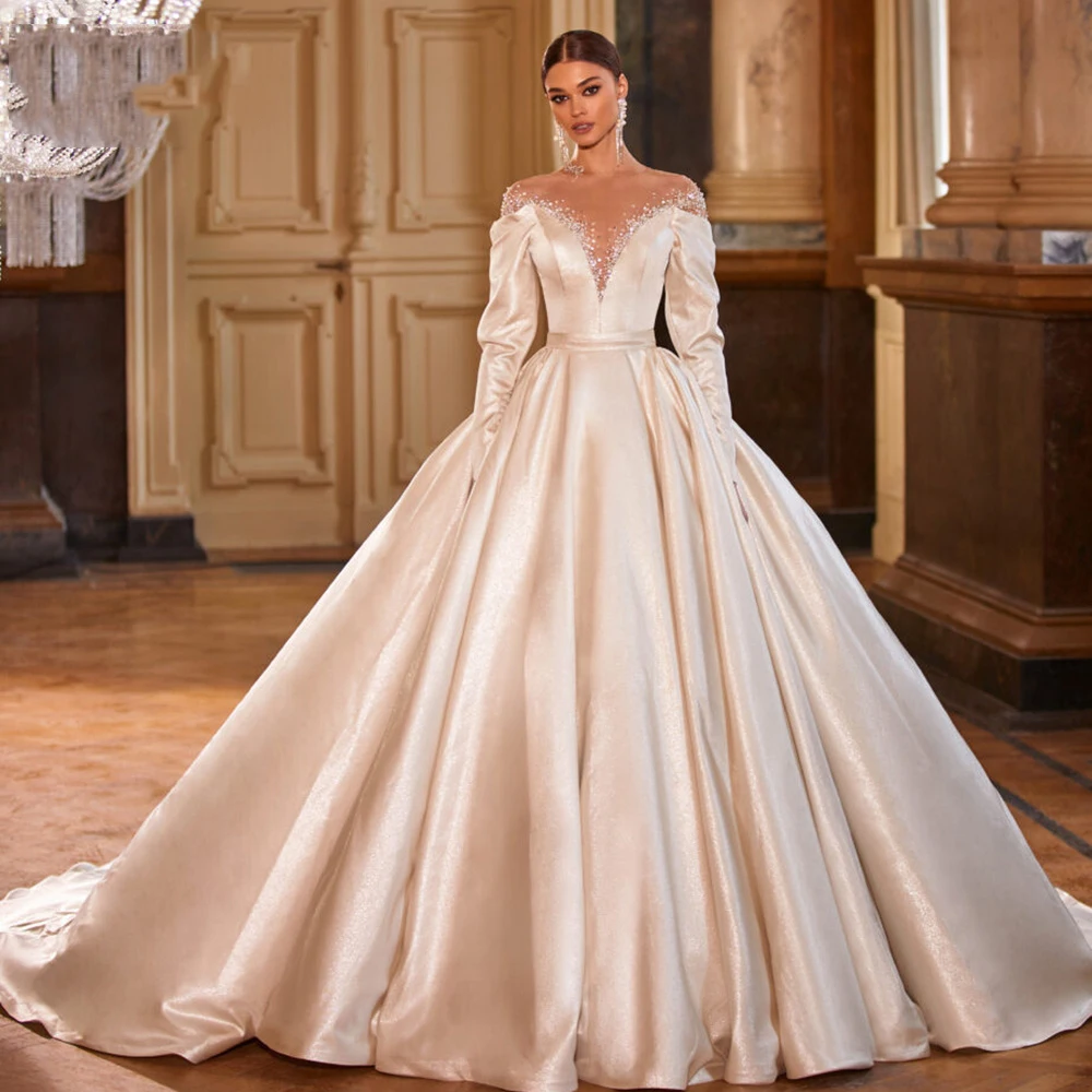 

2022 Elegant Wedding Dresses Ball Gown Puffy Long Sleeve Satin Crystal Beaded New Design Formal Bridal Gown Custom Size
