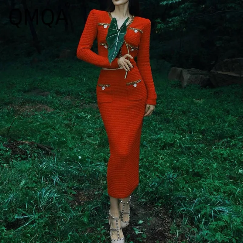 QMQA Модные женские твидовые комплекты из 2 предметов с v-образным вырезом и