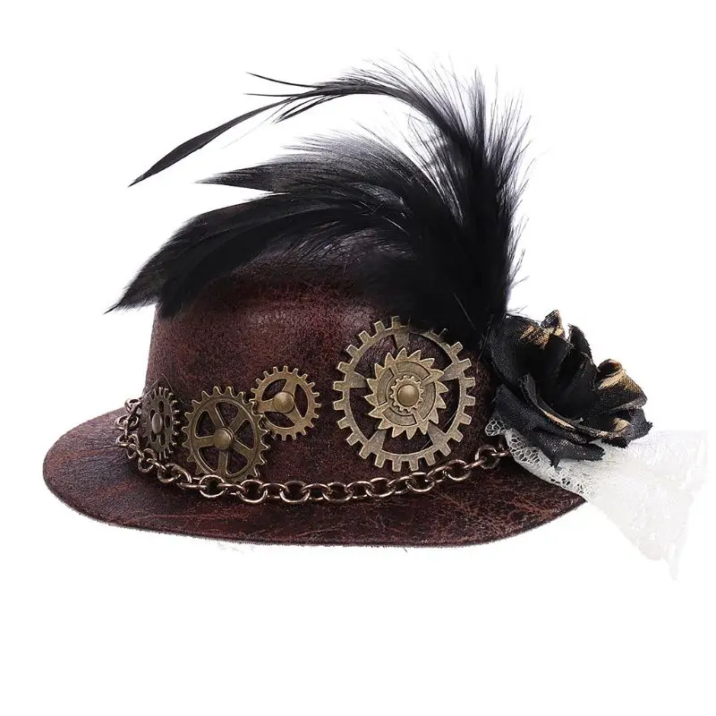 

Women Girls Vintage Mini Top Hat Steampunk Hair Clip Gears Feather Goth Headwear