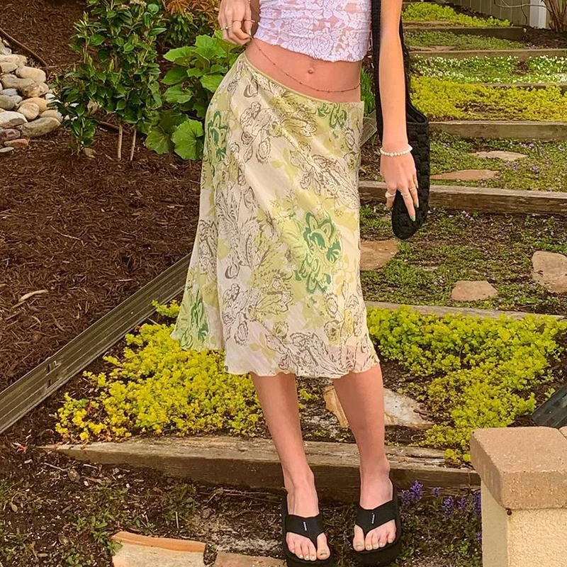 

Korean Style Floral Frill Straight Skirt 90s Vintage Y2K Women High Waist Mesh Midi Skirt Female Summer Harajuku Streetwear