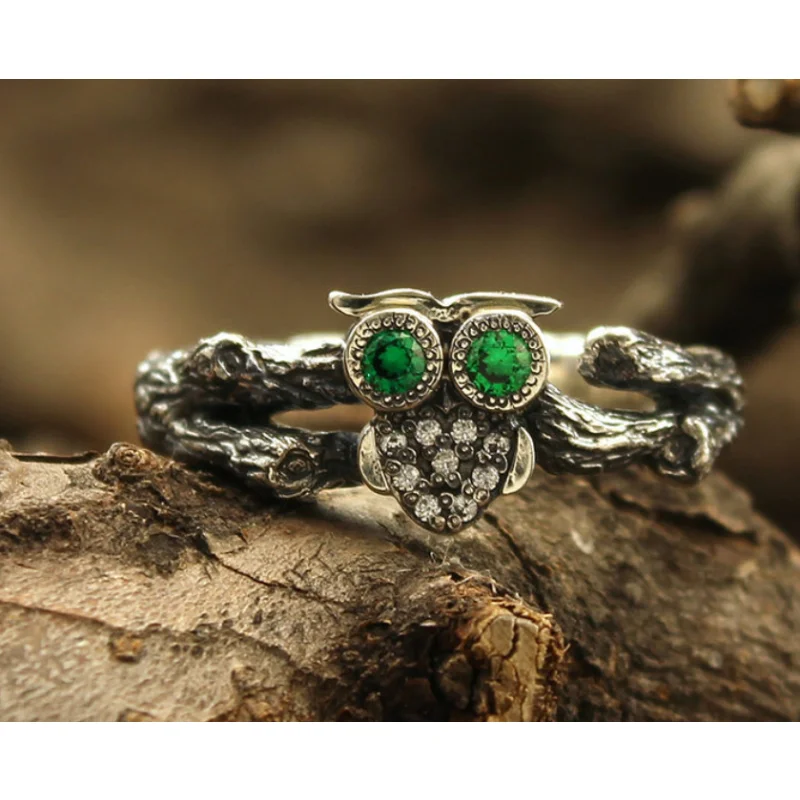 

Alloy Vintage Branch Owl Ring Geometric Pattern Emerald Ornament