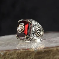 retro handmade turkish signet ring for men women ancient silver color carved eagle ring inlaid red zircon punk motor biker ring