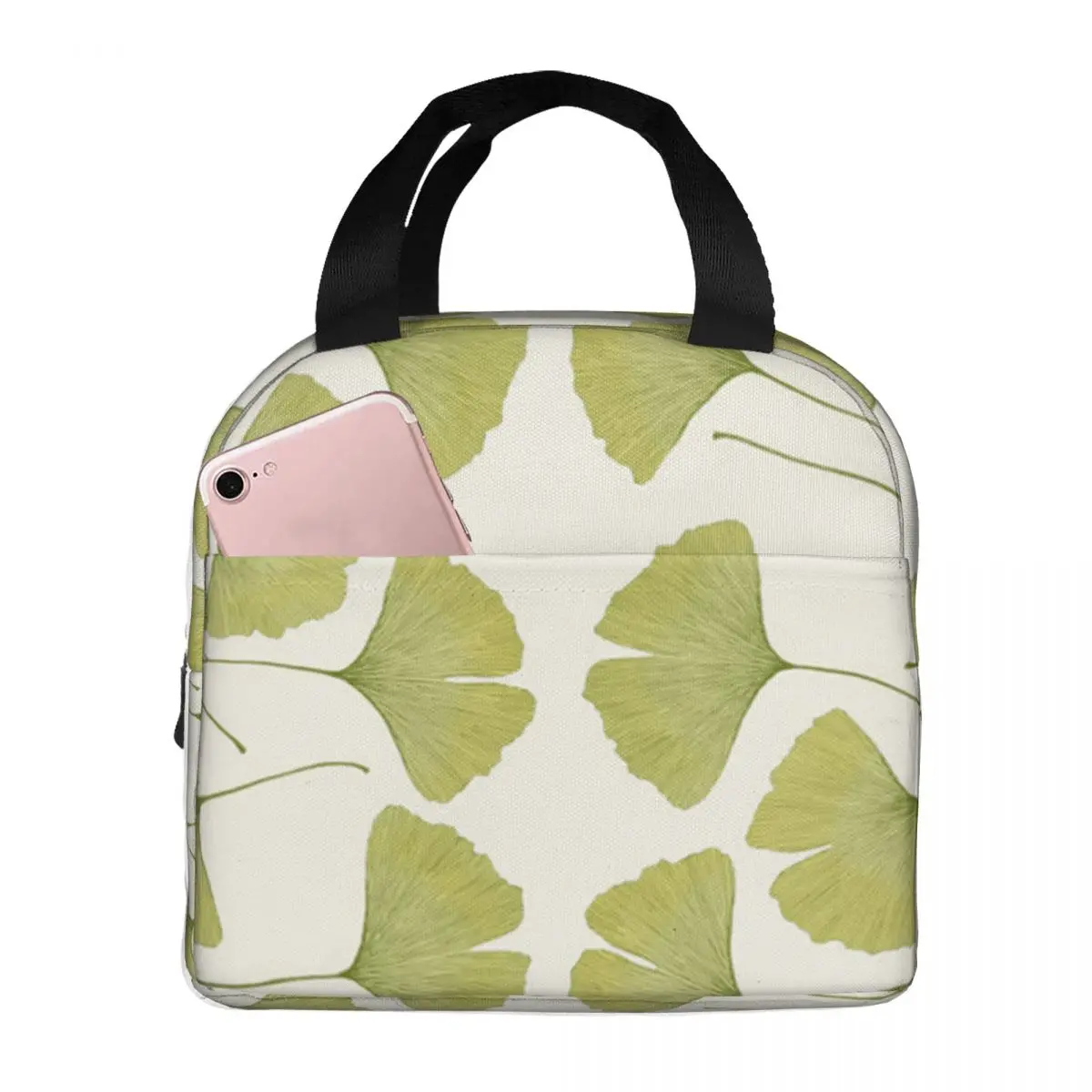 

Green Ginko Leaves Portable Insulated Oxford Lunch Bag Reusable Lunch Box Lunch Organizer Thermal Cooler Tote Bag