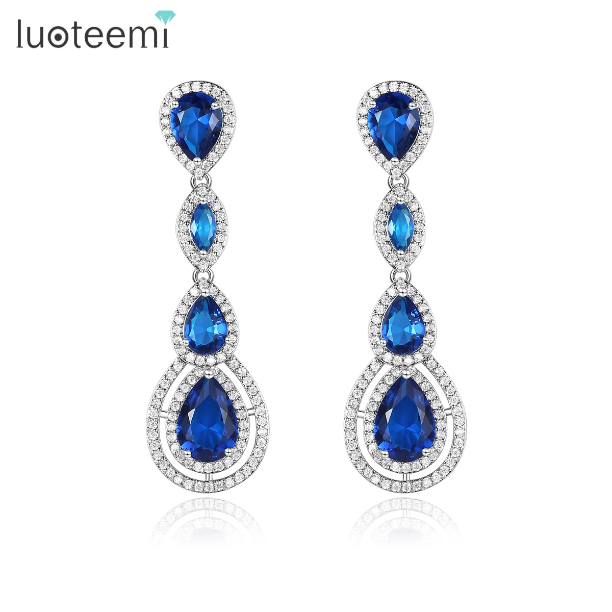 

LUOTEEMI Fashion Long Water Drop Pendant Earring Blue White Cubic Zircon Jewelry Engagement Wedding CZ Crystal Clear Wholesale